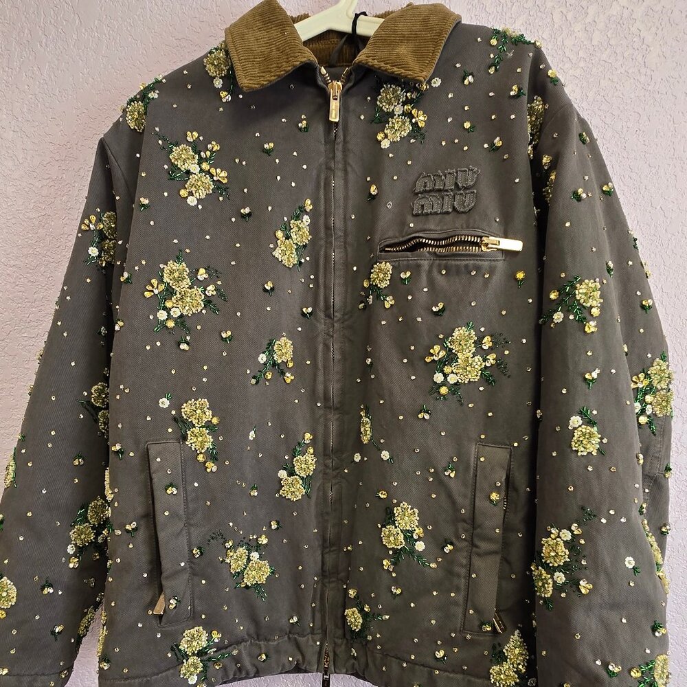 Miu Miu Women's Gray Floral-Appliqué Cotton Shirt Jacket